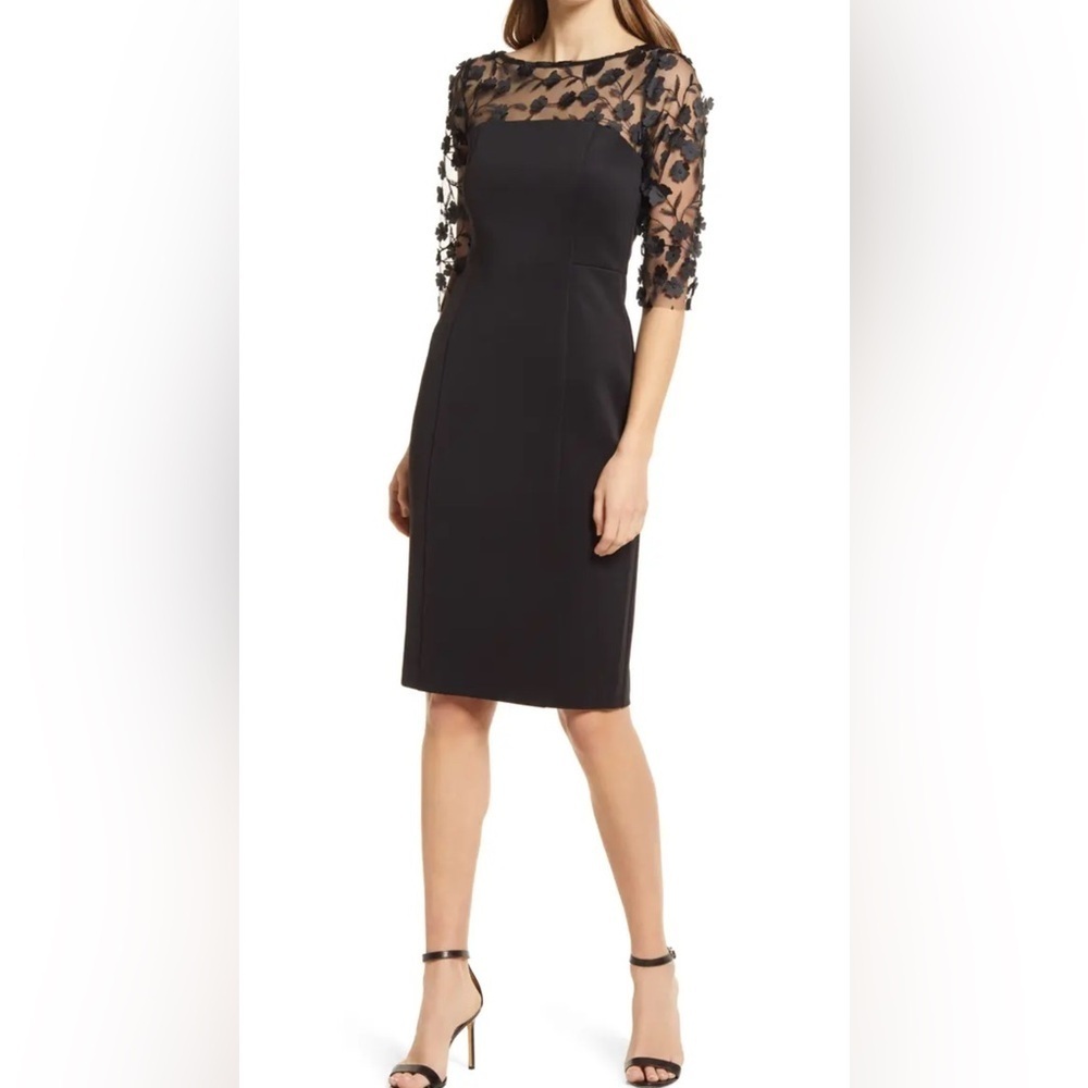 Eliza J 3/4 Sleeve Floral Embellished Illusion Boat Neck Scuba Sheath Dress 4